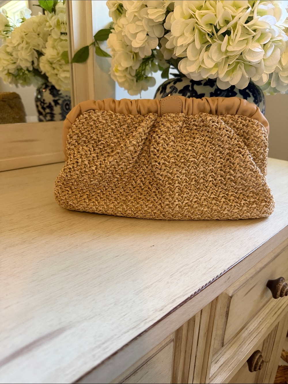 Olga Berg Tan Woven Clutch with Gathered Trim